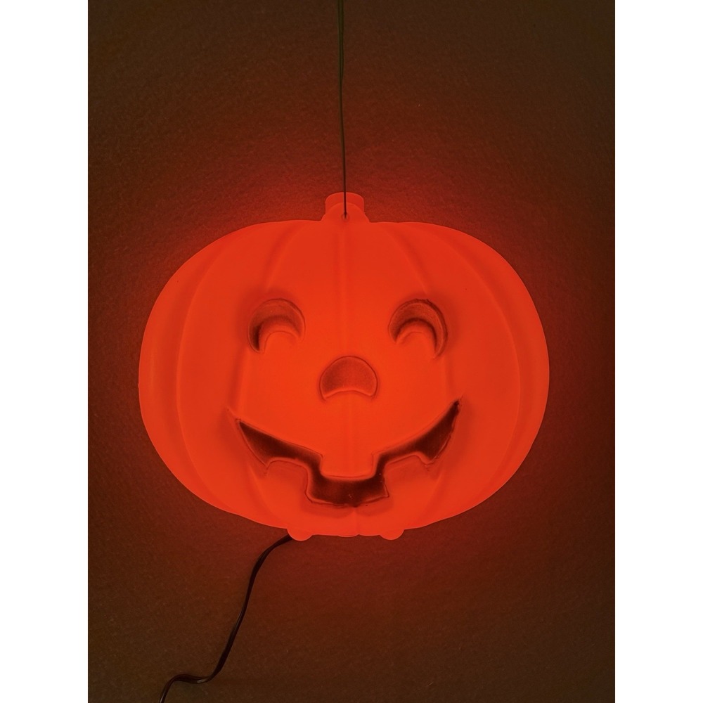Vintage Halloween Blow Mold Light Flat Pumpkin Jack-O-Lantern Hanging WORKS USA
